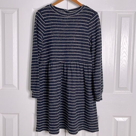 ANN TAYLOR LOFT Navy Blue & White Striped Long Sleeve Drop Waist Dress | Small - Picture 2 of 12